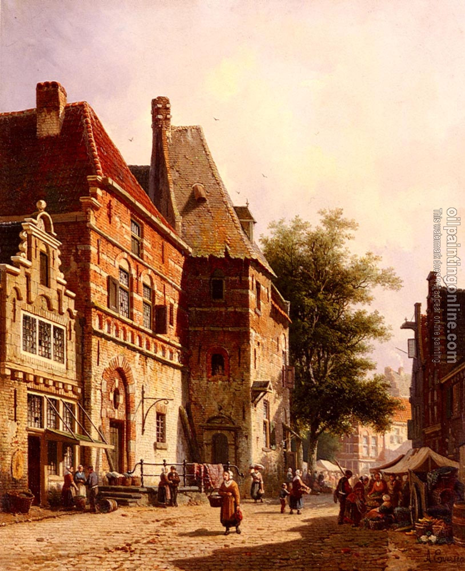 Eversen, Adrianus - A Sunlit Street On A Market Day